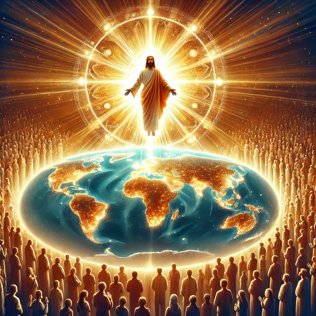 DALL·E 2024 12 25 17.28.59   A symbolic illustration of Jesus Christ as the light of the world. The image features a radiant figure of Jesus standing above a world map, glowing wi