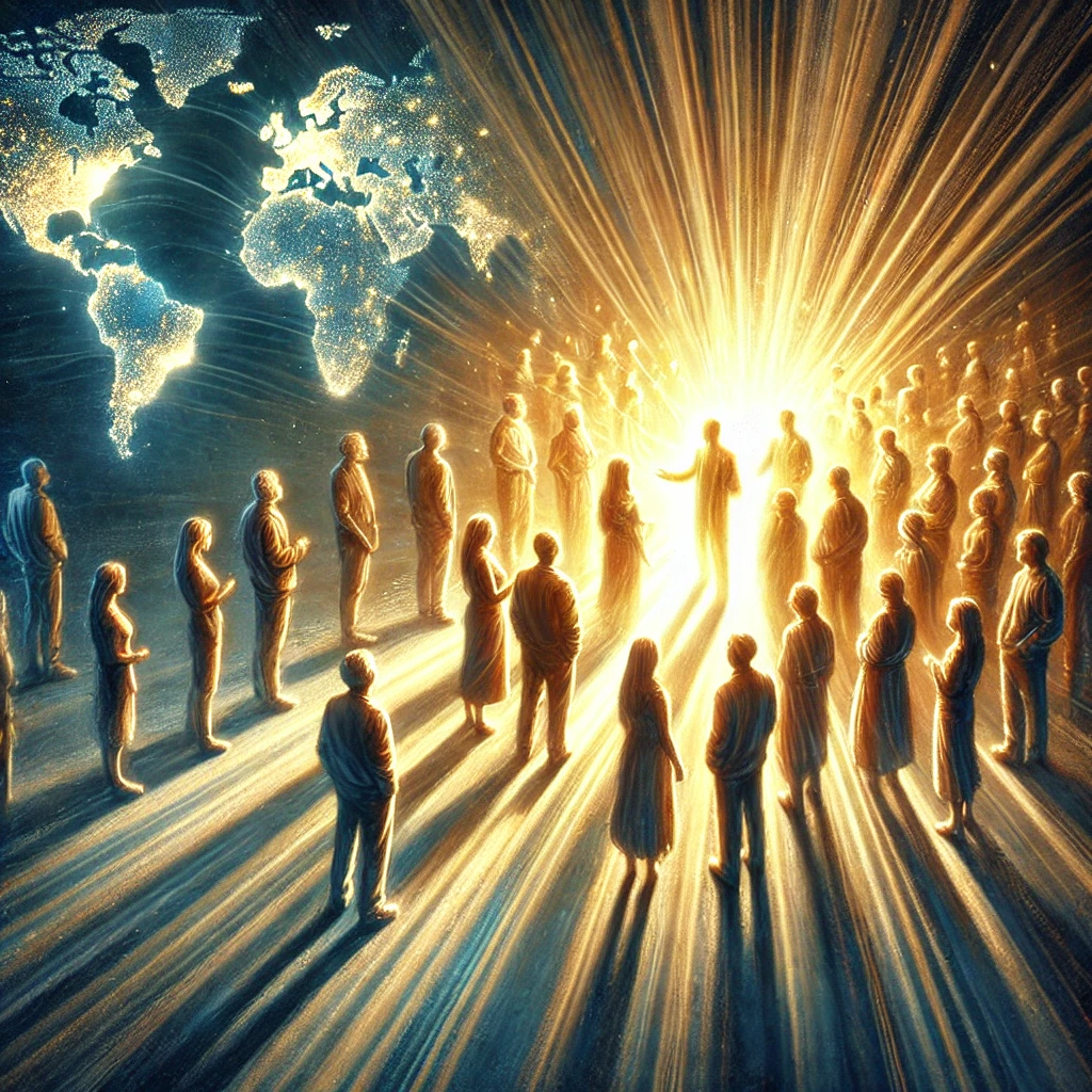 DALL·E 2024 12 25 17.33.26   A symbolic illustration showing a group of believers glowing with radiant light, standing together and reaching out to another group of people who are